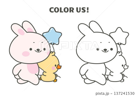 Coloring template for children with funny rabbit and duckling, with color sample. Friendship concept, cute animals walking with balloon. Kawaii vector design 137241530