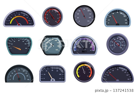 Speedometers. Cartoon odometers, elements for automobile dashboard for speed, power, fuel measurement. Car acceleration indicators, sapid vector clipart Speedometers. Cartoon odometers, elements for automobile dashboard for speed, power, fuel measurement. Car acceleration indicators, sapid vector clipart 137241538