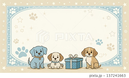 Cute watercolor illustration of three adorable puppies sitting inside a wooden bucket at the bottom left corner 137241663