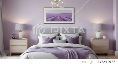 Modern Lavender Bedroom Interior with Soft Lighting and Cozy Decor Modern Lavender Bedroom Interior with Soft Lighting and Cozy Decor 137241977