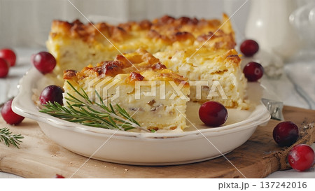 A baked casserole is sliced and served on a white plate with garnish. Warm lighting and shallow depth of field create a cozy home style presentation. 137242016