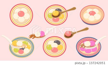 Colorful tangyuan sweet dumplings soup for Lantern Festival set. Colorful tangyuan sweet dumplings soup for Lantern Festival set. 137242051