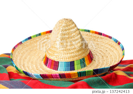 Sombrero on bright textiles for Cinco de Mayo, isolated, PNG Sombrero on bright textiles for Cinco de Mayo, isolated, PNG 137242413