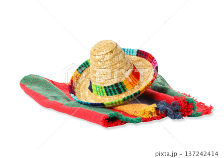 Straw hat and colorful blanket symbolize Cinco de Mayo, isolated, PNG Straw hat and colorful blanket symbolize Cinco de Mayo, isolated, PNG 137242414