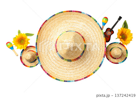 Celebrate Cinco de Mayo with sombreros and flowers, isolated, PNG 137242419