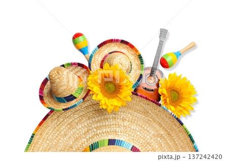 Sombreros, sunflowers, and instruments abound, isolated, PNG 137242420