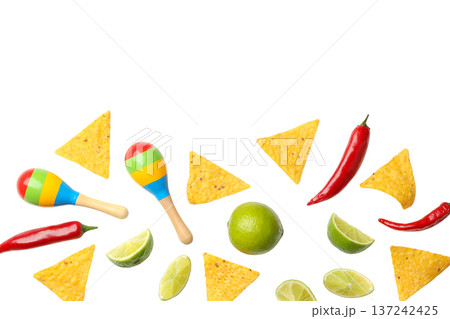 Cinco de Mayo snacks and decor are set up, isolated, PNG 137242425