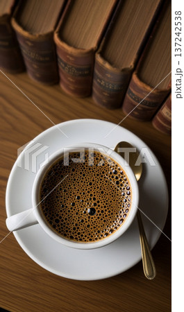 古い洋書とブラックコーヒーの俯瞰写真。読書、書斎、アンティーク、学習のイメージ 古い洋書とブラックコーヒーの俯瞰写真。読書、書斎、アンティーク、学習のイメージ 137242538