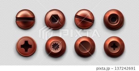 Copper screws and bolt heads with metal texture Copper screws and bolt heads with metal texture 137242691