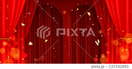 Red arch gateway, velvet curtain and confetti 137242693