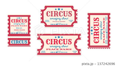 Vintage circus tickets with red blue striped frame 137242696