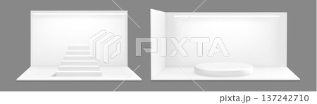 3D booth mockup, white walls and staircase podium 3D booth mockup, white walls and staircase podium 137242710