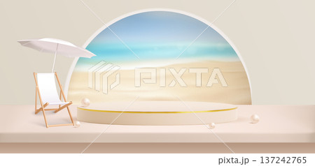 Summer beach banner with round platform on beige 137242765