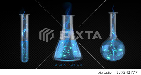 Magical potion elixir bottle, glowing blue smoke Magical potion elixir bottle, glowing blue smoke 137242777