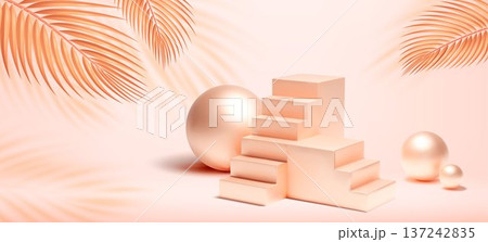 3D stair podium with pastel beige spheres 137242835