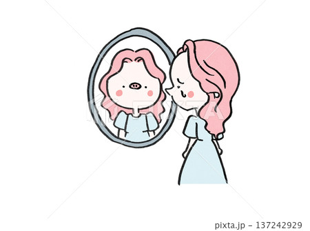 鏡に映る自分が醜く見えて泣く女性（醜形恐怖症・コンプレックス） 137242929