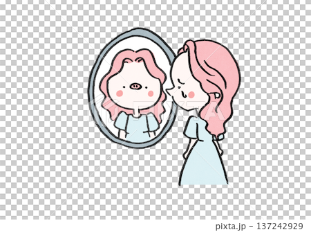 鏡に映る自分が醜く見えて泣く女性（醜形恐怖症・コンプレックス） 137242929