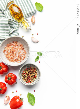 Cooking ingredients and spices creating a healthy food border 137243437