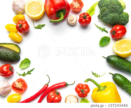Fresh organic vegetables and fruits forming frame border 137243440