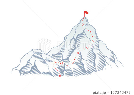 Mountain climbing route to top rock with red flag on peak. Business journey path in progress, way to success or concept of goal. Vector illustration 137243475