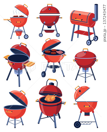 Red barbecues bundle with accessories. Assorted styles of charcoal grills on plain background. Red barbecue grill set with open lids and modern design features 137243477