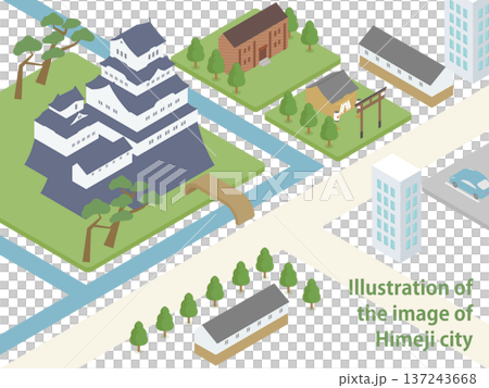 Isometric illustration of fresh green Himeji Castle and the city of Himeji Isometric illustration of fresh green Himeji Castle and the city of Himeji 137243668