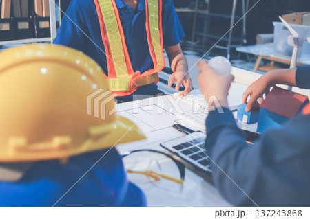 Concept Architect and desk of Architectural project in construction site or office building with mining light 137243868