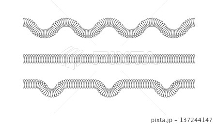 Spiral spring set. Metal wire coil spring icon collection. Thin zigzag waves symbol. Flexible coil shapes. Loop line seamless pattern. Vector illustration isolated on white background Spiral spring set. Metal wire coil spring icon collection. Thin zigzag waves symbol. Flexible coil shapes. Loop line seamless pattern. Vector illustration isolated on white background 137244147