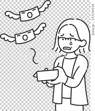 一幅插圖，描繪了一位40多歲女性錢包裡的錢飛出來（僅線條畫）。 137244319