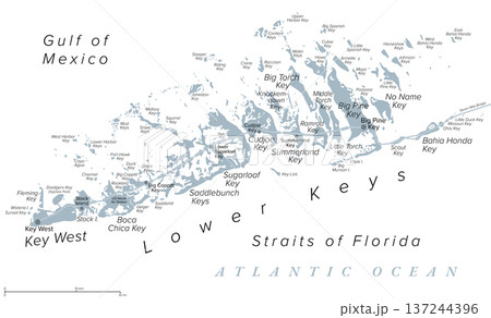 Key West and Lower Keys, Florida, United States, gray political map. Southwestern part of the Florida Keys, off the southern coast of Florida, stretching from Key West to the Seven Mile Bridge. Vector 137244396