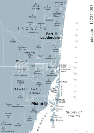 Miami and Fort Lauderdale, South Florida, United States, gray political map. Core part of the Miami metropolitan area in southeastern Florida, also known as Floridas Gold Coast. Illustration. Vector 137244397