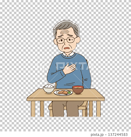 一位老年男子在進食時抱怨胸悶和喉嚨緊縮。 一位老年男子在進食時抱怨胸悶和喉嚨緊縮。 137244583