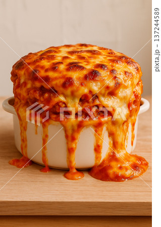 器から溢れ出す濃厚なチーズとミートソースのラザニア 137244589
