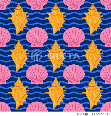 Seamless pattern with pink scallop and yellow murex seashells on wavy blue background Seamless pattern with pink scallop and yellow murex seashells on wavy blue background 137244621