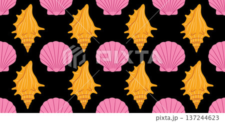 Seamless pattern with pink scallop and yellow murex seashells on black background 137244623