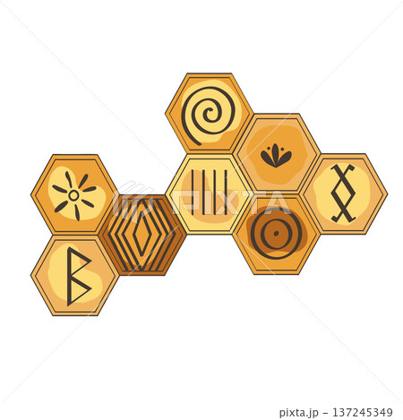 Honeycomb with bee honey decorated doodle ancient and tribal symbols. Organic and wild honey concept. Vector isolated hand drawn illustration. 137245349
