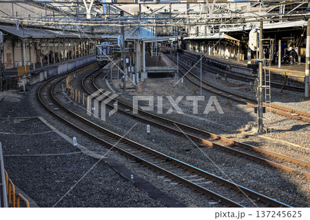 Nov 29 2025 Speed Rail Tracks at Kyoto Station Platforom Nov 29 2025 Speed Rail Tracks at Kyoto Station Platforom 137245625