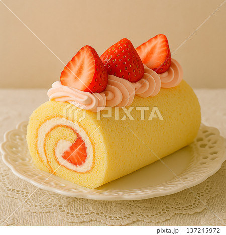 新鮮な苺を贅沢に乗せた、春色のストロベリーロールケーキ 137245972