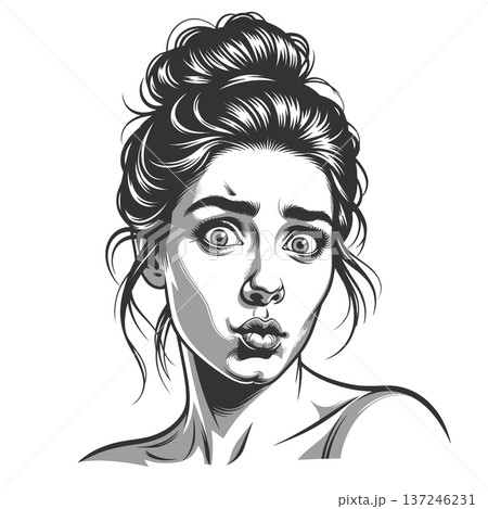 Surprised Young Woman engraving sketch raster Surprised Young Woman engraving sketch raster 137246231