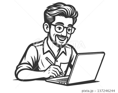 Smiling Man Working on Laptop raster illustration Smiling Man Working on Laptop raster illustration 137246244