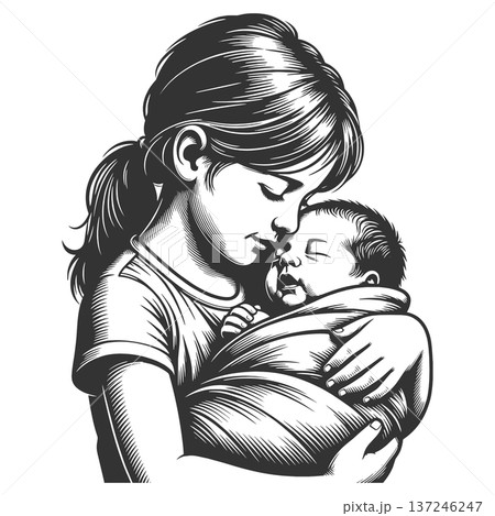 Sister Gently Holding Newborn Baby Brother vector 137246247