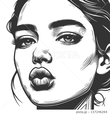 Beautiful Woman Blowing Kiss engraving vector 137246264