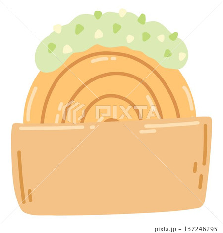 Hand drawn circle croissant, tasty bakery, pastry, french breakfast. Supreme croissant or New York Roll in paper bag 137246295