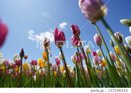 空を見上げる色とりどりのチューリップ 137246410