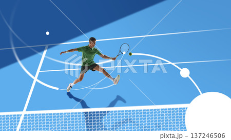 Modern composition male tennis player jumping on blue court with abstract motion lines. 137246506