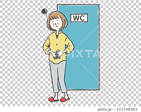 トイレの前でお腹を押さえている女性　全身　ベクター 137246883