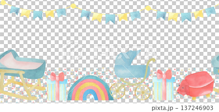 Seamless border horizontal Watercolor baby illustration with rocking cradle, pram, rainbow, gifts, bunting and toy dog. Perfect for nursery decor, invitations, prints, textiles and stationery 137246903
