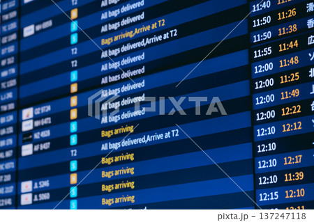 空港のフライト情報表示 ■撮影協力:関西国際空港(KIX) 空港のフライト情報表示 ■撮影協力:関西国際空港(KIX) 137247118