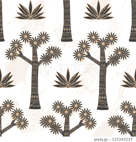 Doodle patterned Joshua tree seamless pattern. Yucca plant ornamented in tribal indigenous style, desert symbol of American southwest. Vector hand drawn illustration 137247237