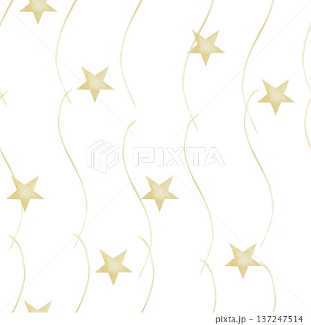 Watercolor golden wavy and white stripes with golden stars. Soft, hand-painted look. Ideal for wrapping paper, fabric patterns, party decor, or playful backgrounds in design projects 137247514